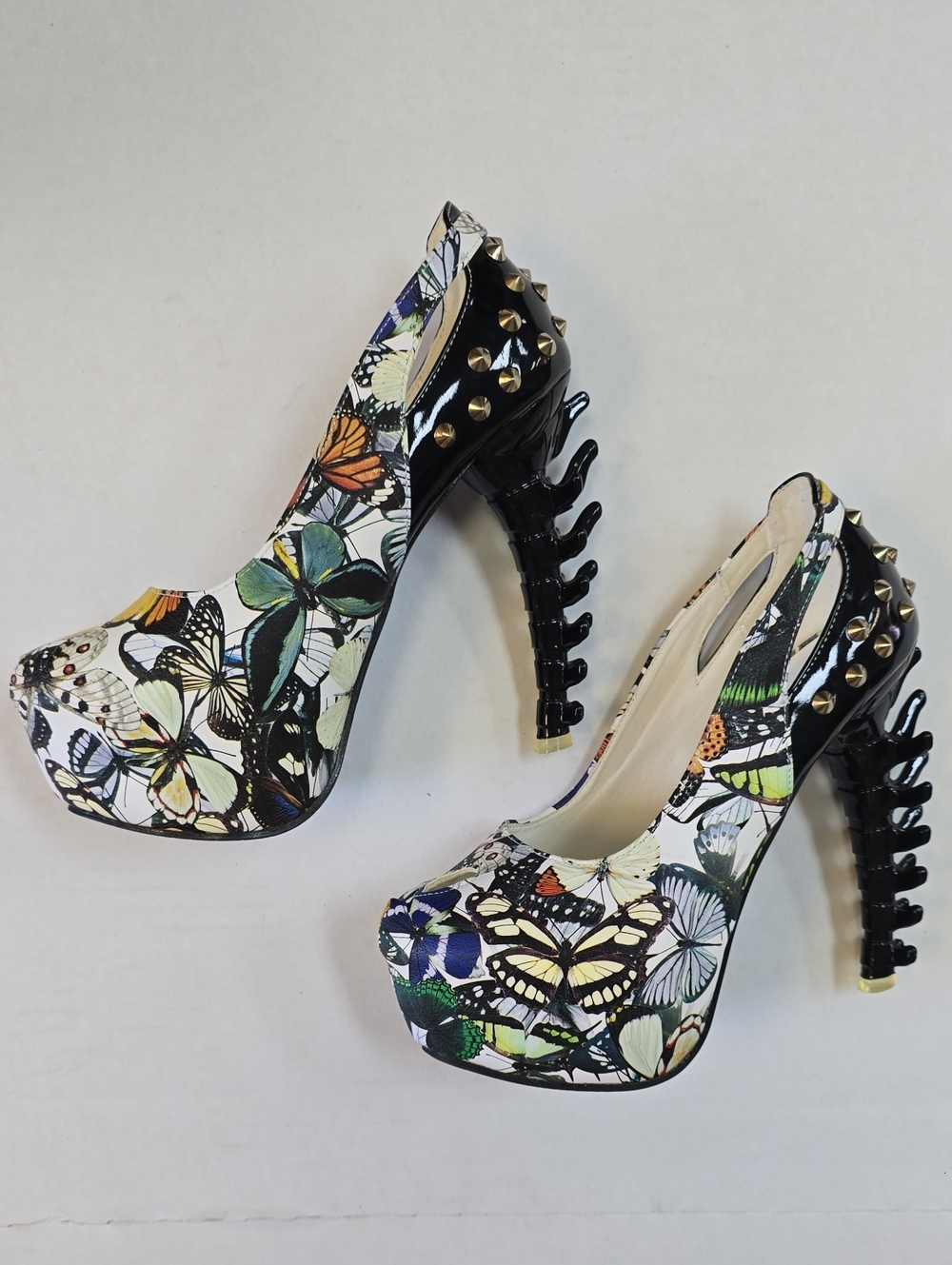Butterfly Print Platform Heels with Black Spine Heel and Studs